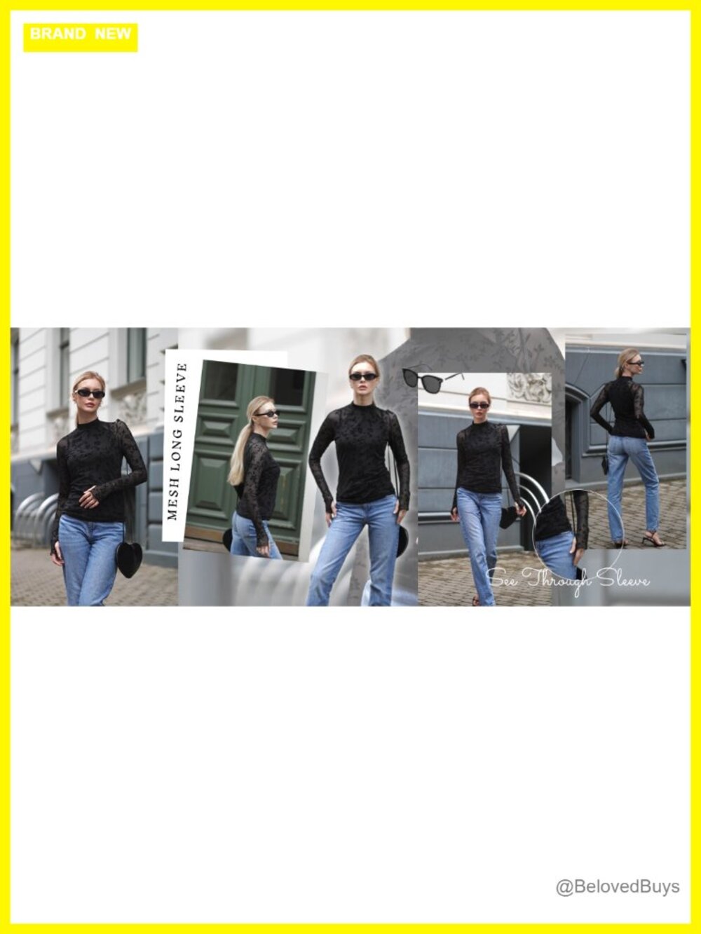Women's Sheer Mesh Long Sleeve Blouse Mock Neck Fitted Top - Picture 6 of 6